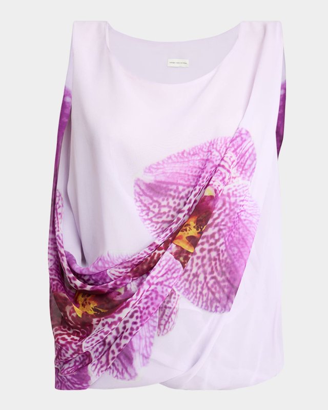 Cot Orchid-Print Draped Tank Top